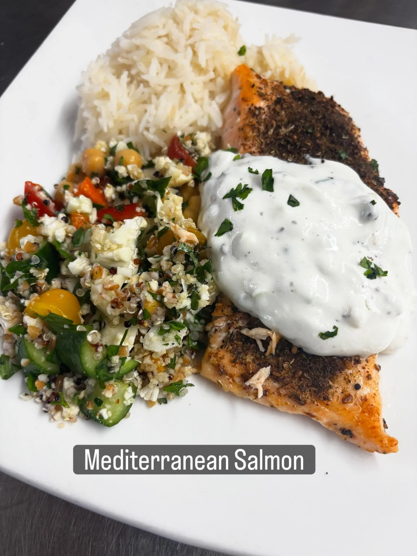 Oven Roasted with Tzatziki, Tabbouleh, Basmati Rice. #tiffanystapandgrill