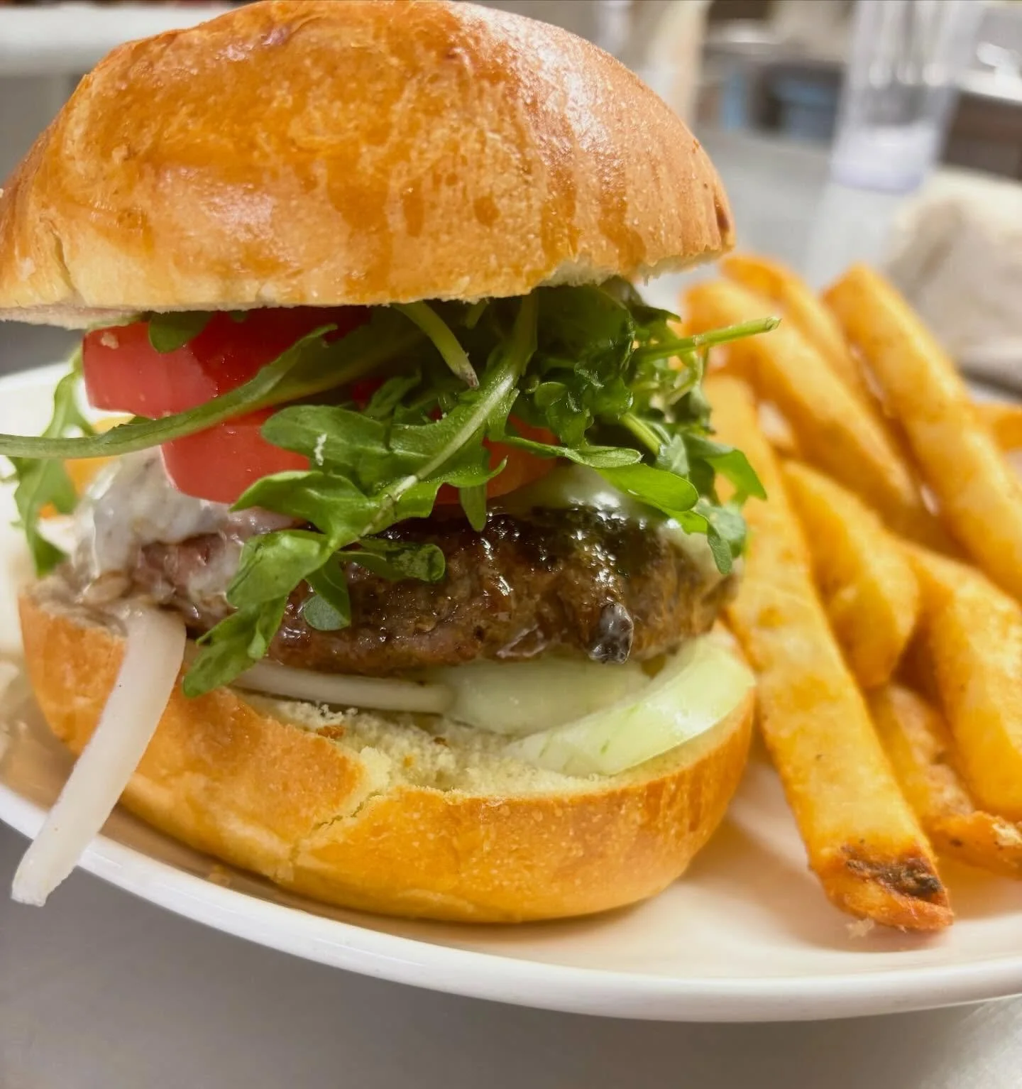 Comfort Food!  Our burgers are made of Black Angus Short Ribs, Beef Brisket &amp; Chuck Roast. Charbroiled and served with Cooper American @coopercheese on a LeBus Bakery Brioche Bun with Seashore Fries.  #tiffanystapandgrill