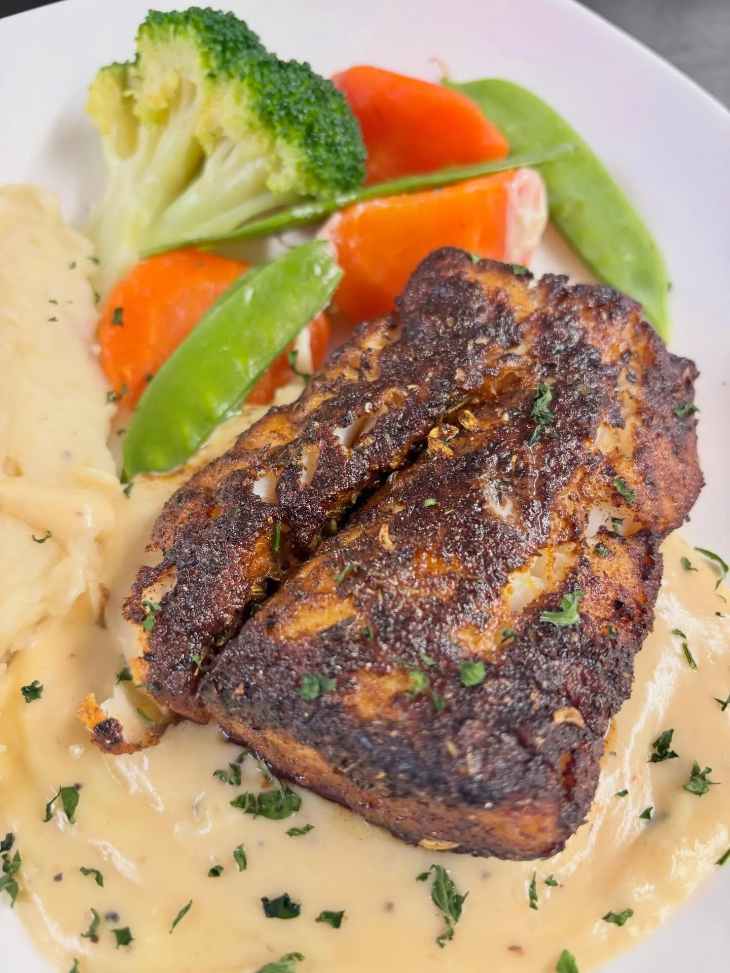 Cajun Blackened Cod Loin | Maytag Blue Cheese Sauce #tiffanystapandgrill
