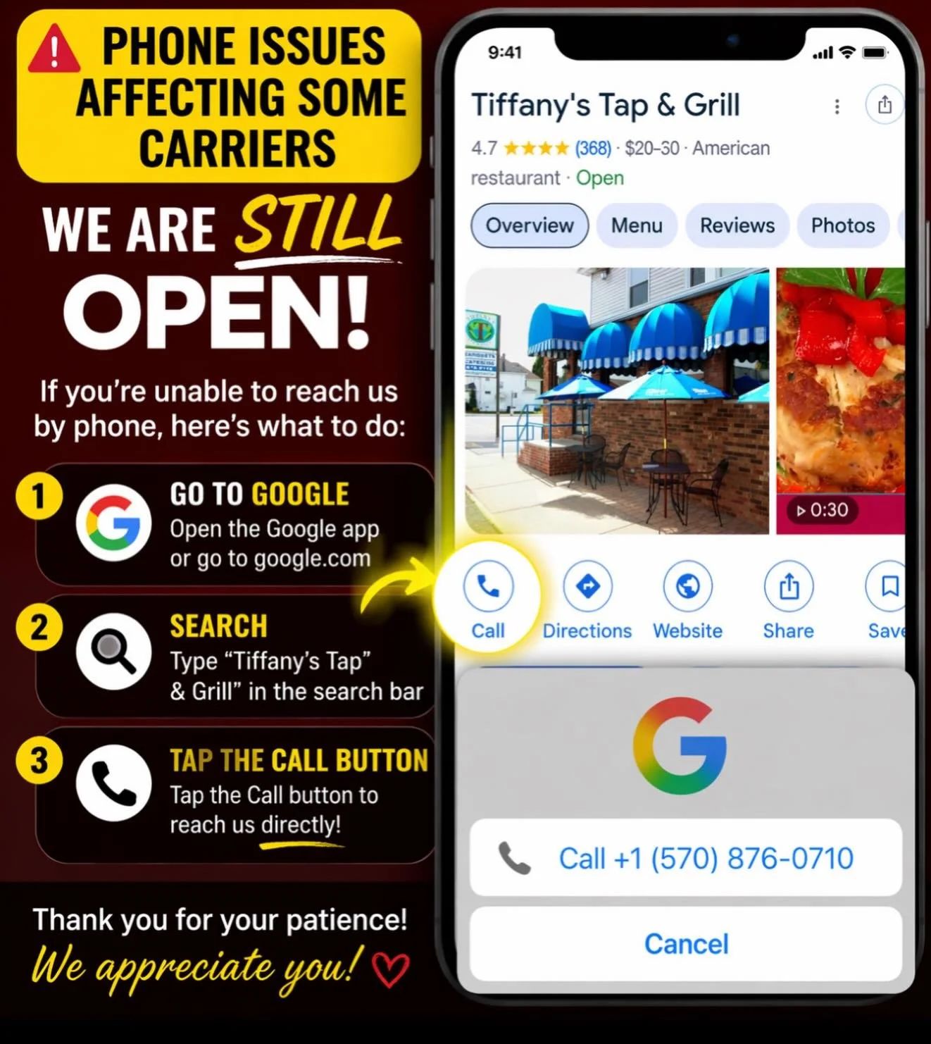 📢 Having trouble reaching us by phone?

We&rsquo;re currently experiencing issues with Verizon that may make it difficult to get through when calling the restaurant.

👉 Good news &mdash; we are STILL OPEN!

If you can&rsquo;t reach us, please follo