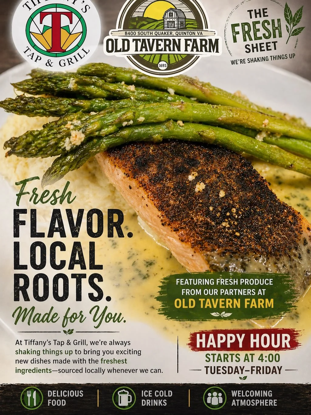 Old Tavern Farm Roasted Asparagus | Peppercorn Garlic Crusted Salmon | Lemon Basil Emulsion. #tiffanystapandgrill @oldtavernfarmva
