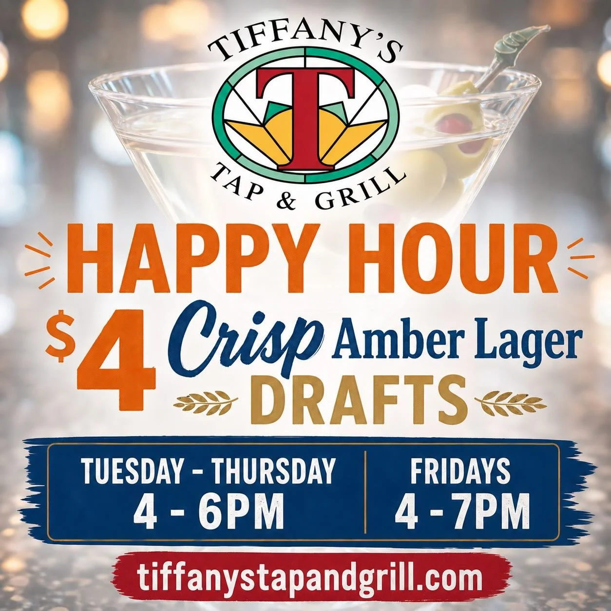 Discounted Appetizers!  Wine, Martini&rsquo;s, Cocktails and more!  #tiffanystapandgrill