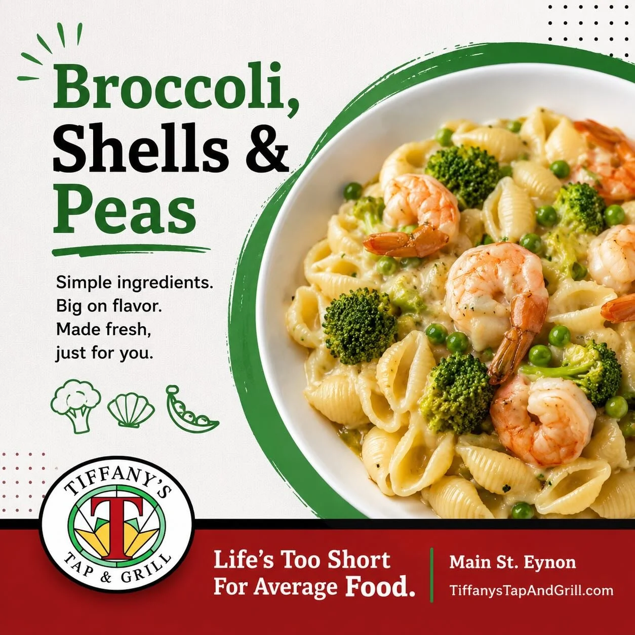 Weekend Fresh Sheets Features!  Old Tavern Farms Broccoli &amp; Spring Peas with De Cecco Shells, Chicken or Shrimp!  #tiffanystapandgrill
