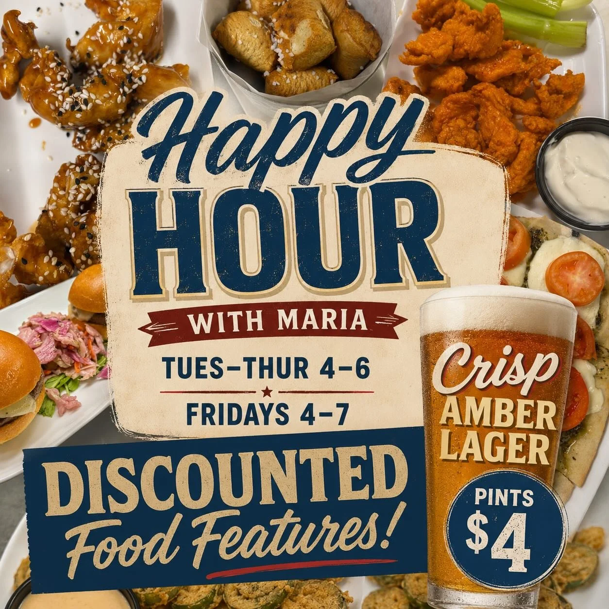 Tues - Thurs 4-6.  Fridays 4-7.  #tiffanystapandgrill