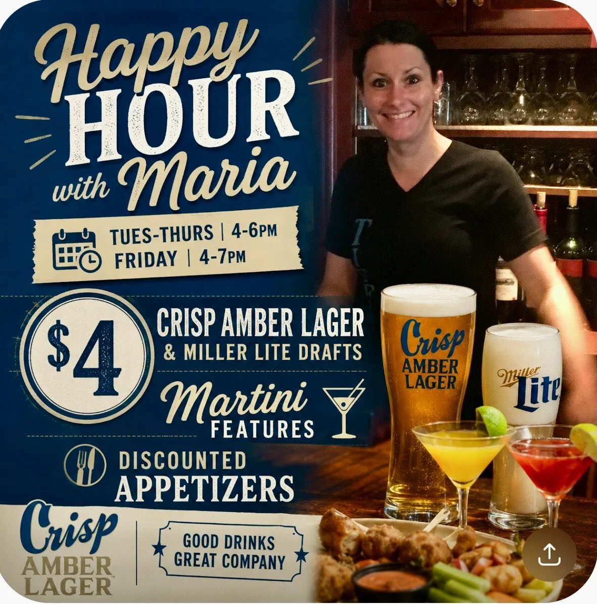 Friday Happy Hour from 4 - 7!  #tiffanystapandgrill