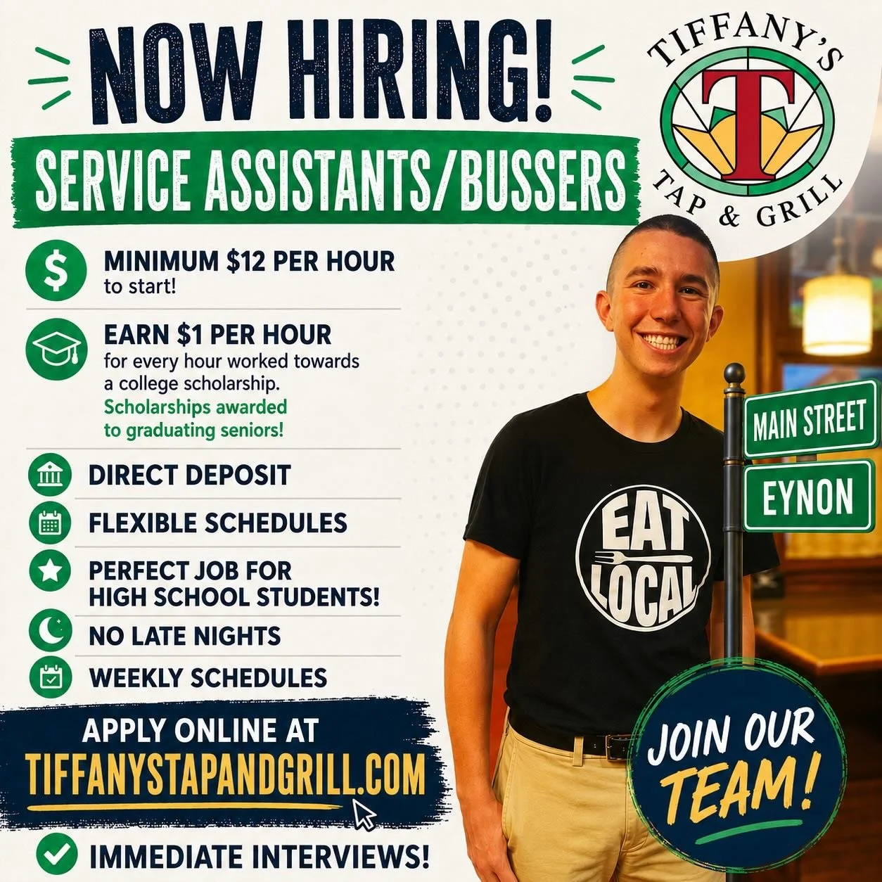 Immediate Interviews!  16 Years Old and up. Apply Tues - Saturday after 4:00. #tiffanystapandgrill