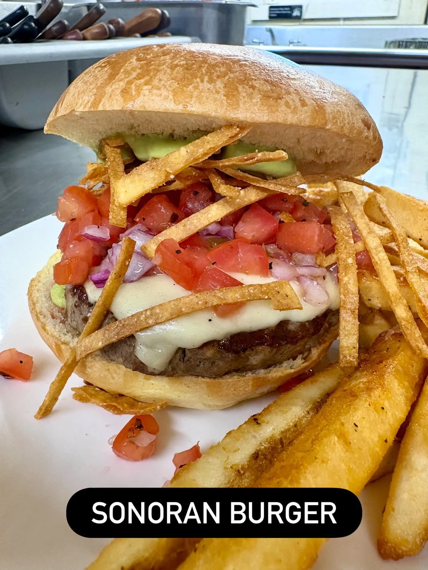 Sonoran Burger | Half Pound House Blend of Brisket, Short Rib &amp; Chuck | Cooper Cheese | Pico de Gallo | Avocado Crema | Tortilla Crisp | Le Bus Brioche | Seashore Fries #tiffanystapandgrill