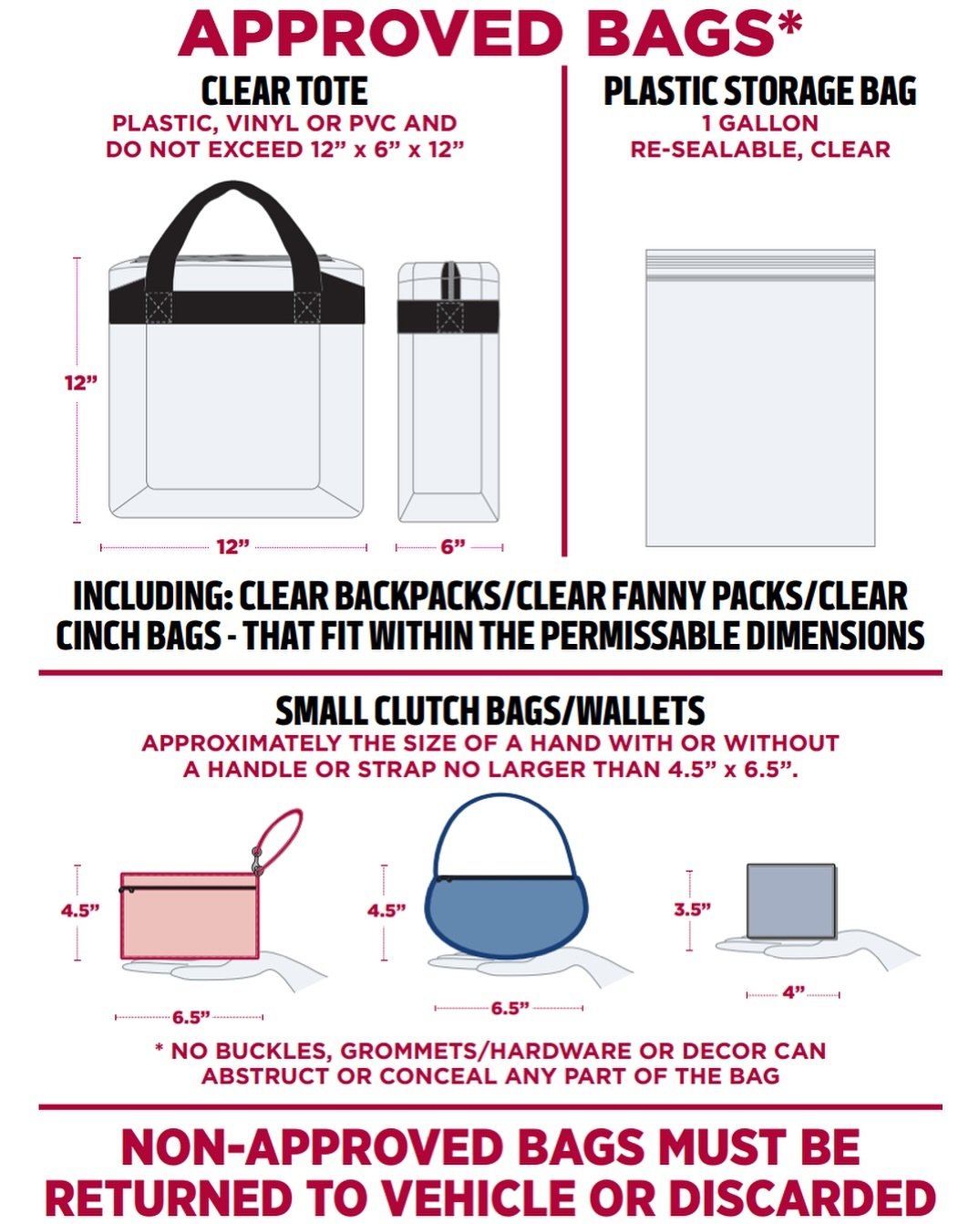 @StateFarmStadium Will Be Enforcing Their Clear Bag Policy This Saturday! Please See What Is Approved &amp; Not Approved For Entry Into The #ArizonaSuperShow!