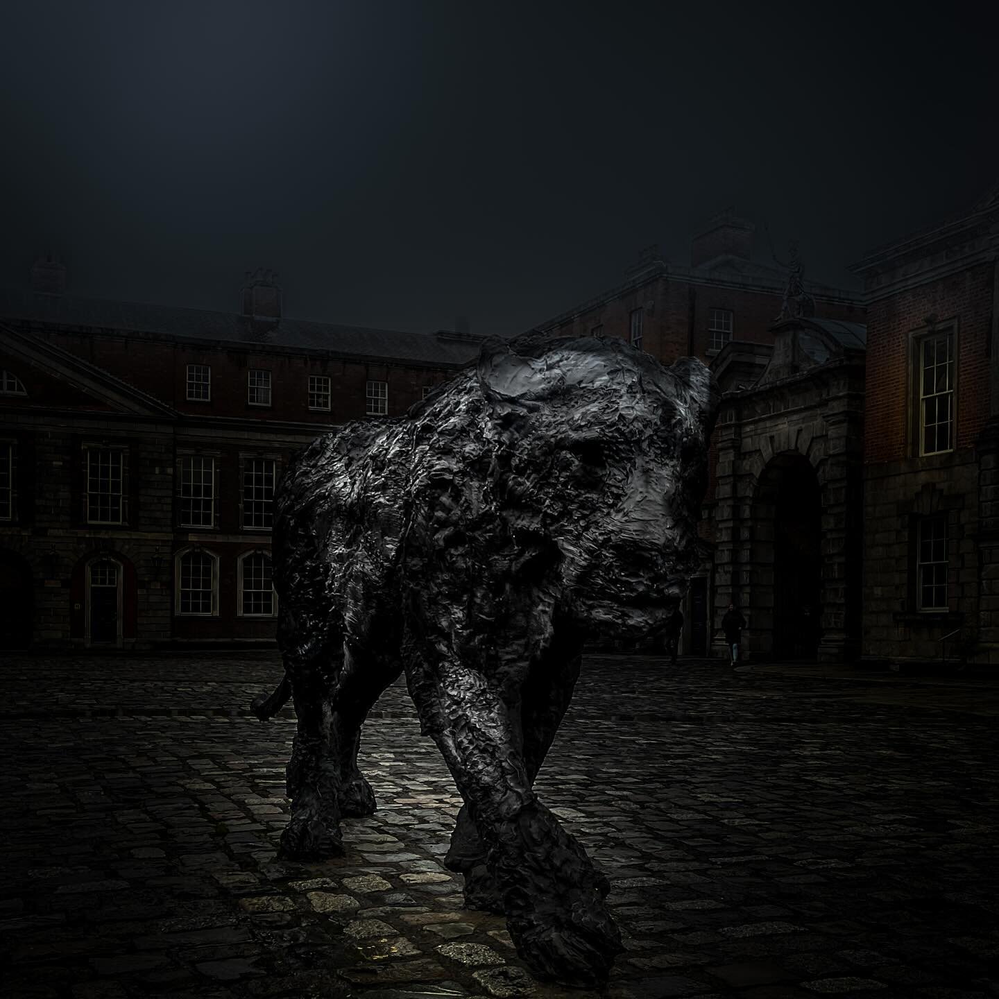 The Statue Lionesse by Davide Rivalta stalking the courtyard at Dublin Castle at night.