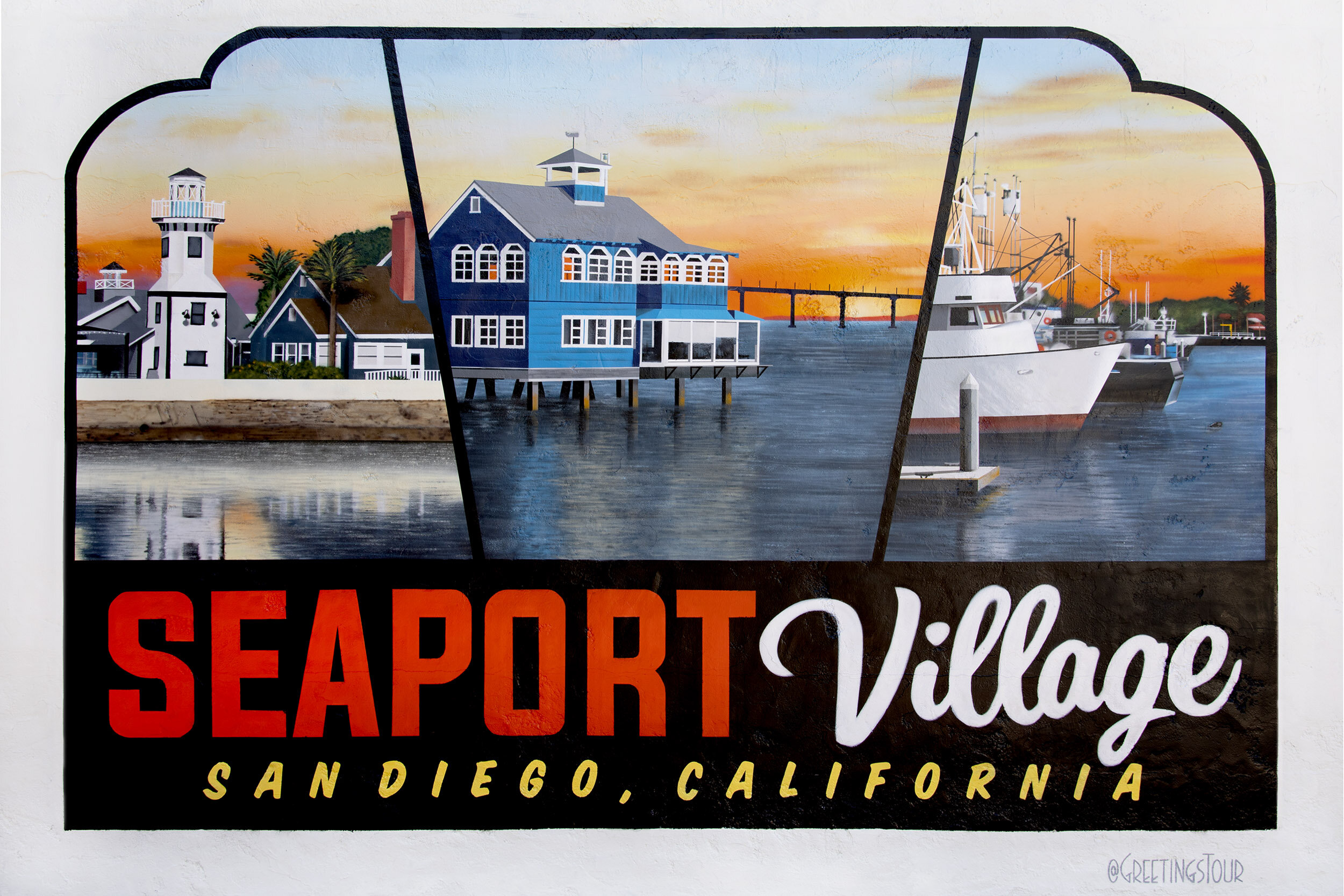 Seaport Village Mural - San Diego Vintage Travel Decal Street Art