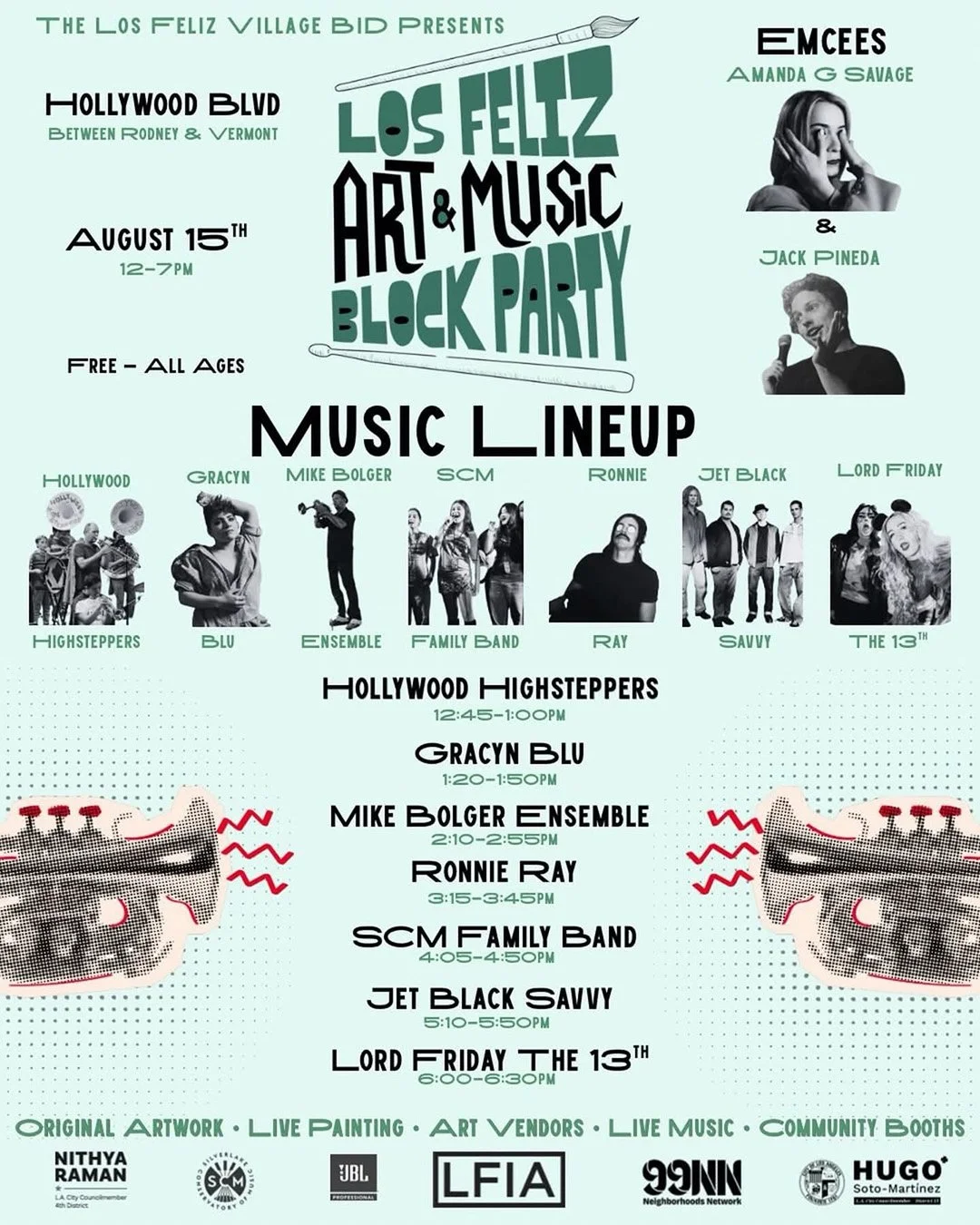 Flyer for the Music Line Up at the Los Feliz Art & Music Block Party