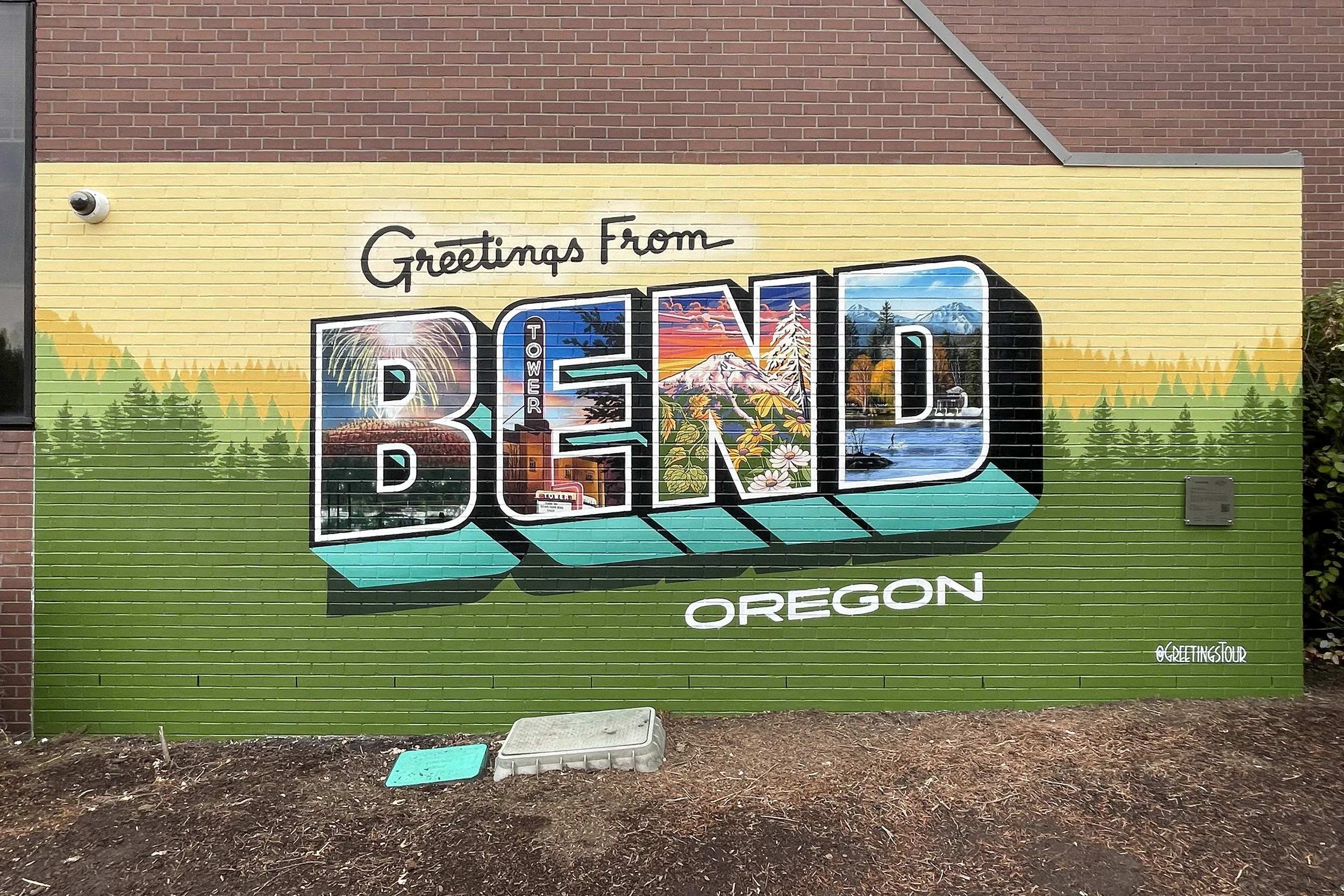Greetings from Bend Oregon Postcard Mural Downtown Photo Op Landmark