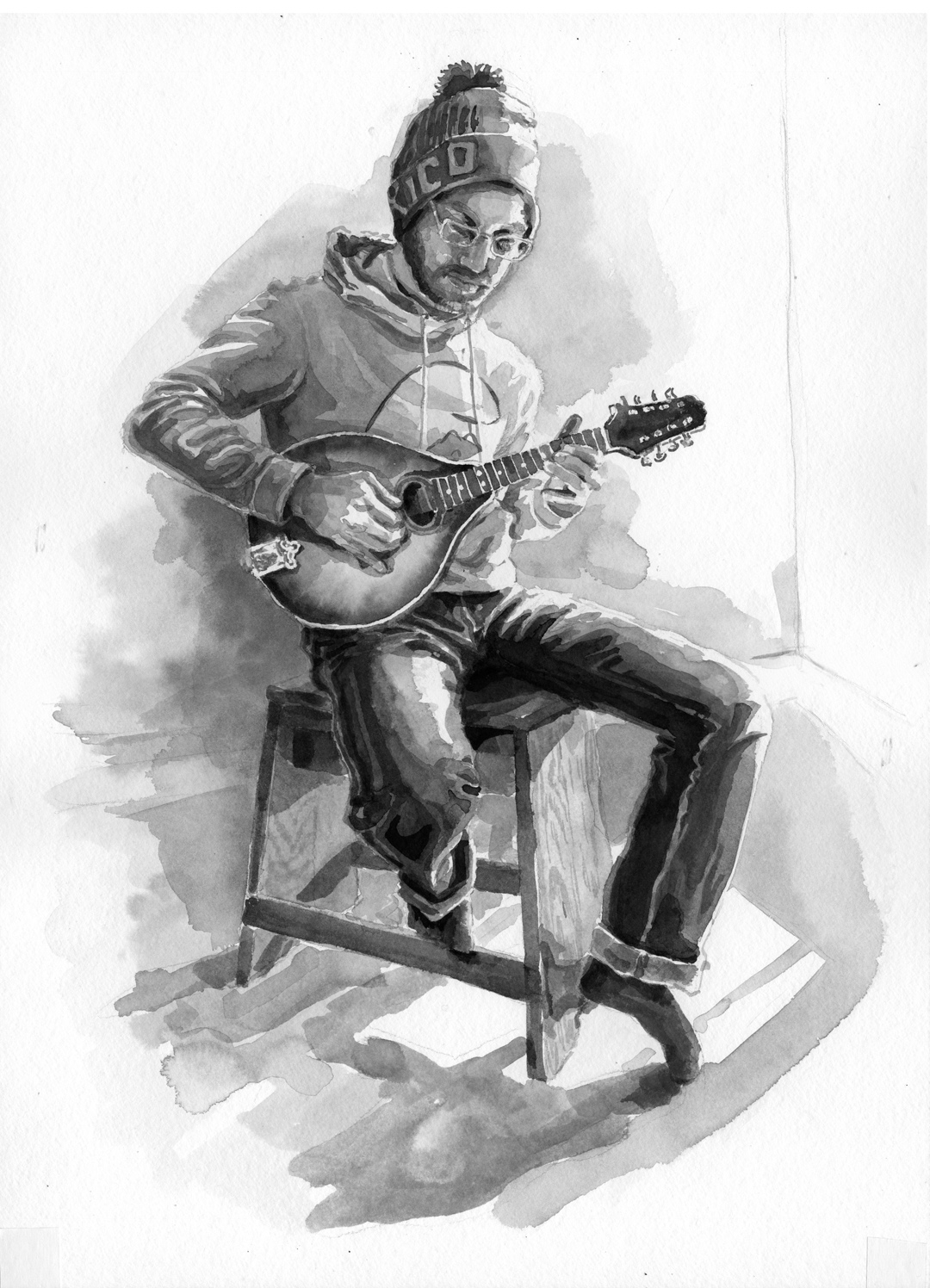 Raudenbush_Amy_Quinn_on_mandolin_BW_wathercolor_15x22.jpg