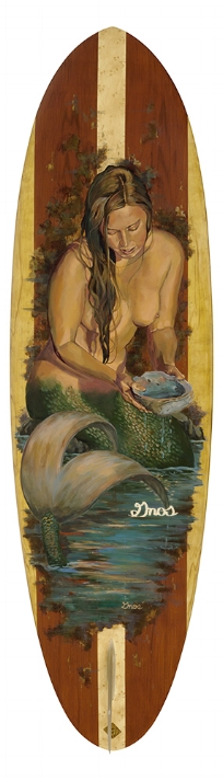 ABALONE MERMAID| ACRYLIC AND RESIN ON FIBERGLASS SURFBOARD | 72X23”