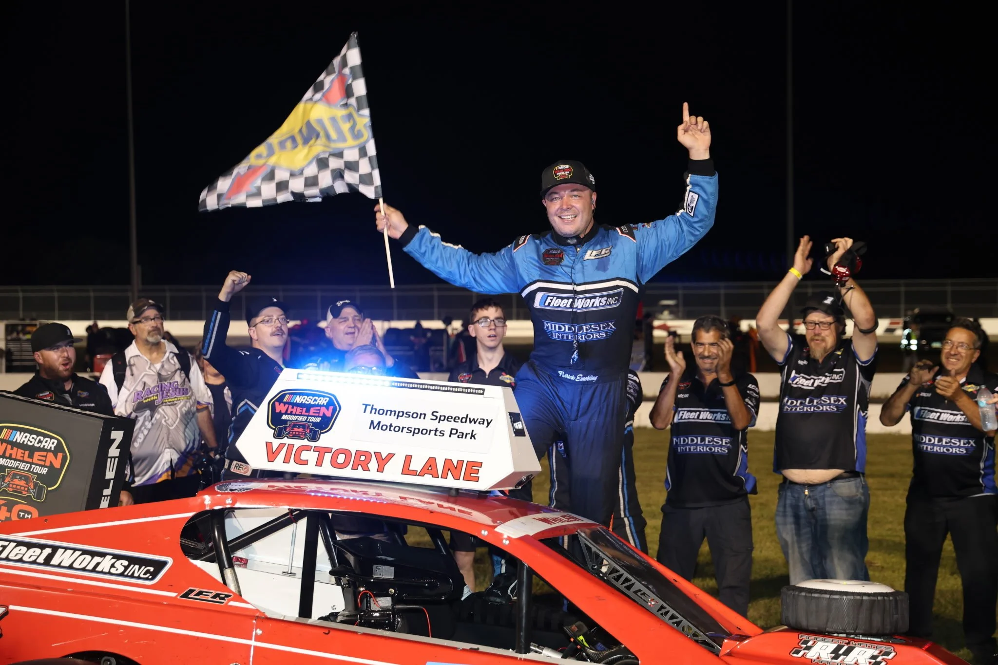 Patrick Emerling Runs it Back in the Big Red Machine Tribute to take 750th NASCAR Whelen Modified Tour Checkers in front of Packed Thompson Grandstands