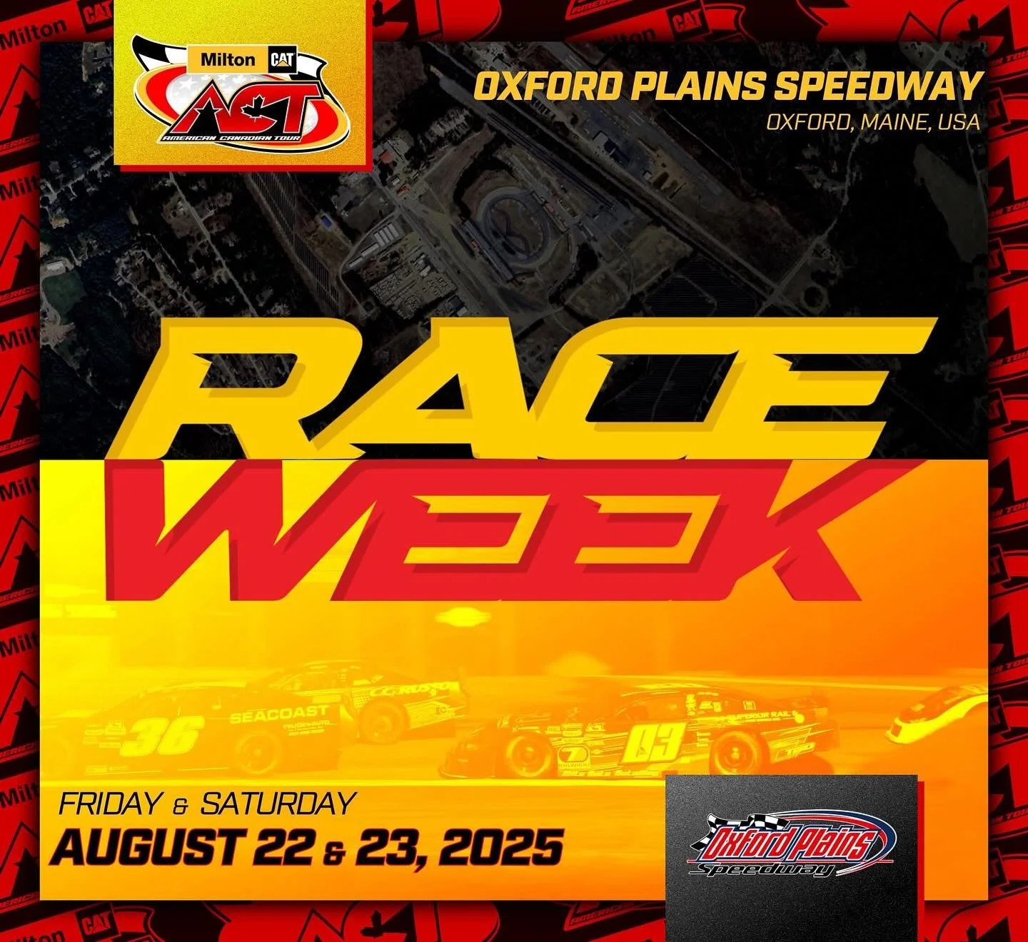It&rsquo;s RACE WEEK for the legendary @milton_cat American-Canadian Tour!

🔴 Oxford Plains Speedway
🔴 Friday August 22, 2025 - Yvon Bedard 109
🔴 Saturday August 23, 2025 - Oxford 125
🔴 2 Different Races in 2 Days - each race is $5,000-to-win

Th