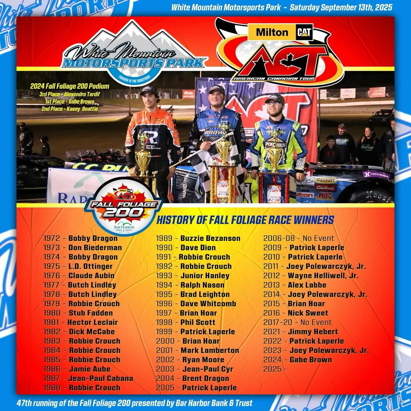 This Saturday September 13th, 2025 at @whitemountainmotorsportspark another name will be added to the illustrious list of @bhbtsocial Fall Foliage 200 winners.

Be there to watch the storylines of 200 laps play-out around everyone&rsquo;s favorite Ne