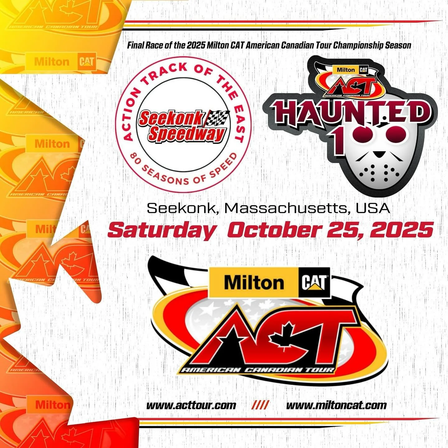 Up next for the legendary @milton_cat American-Canadian Tour:

🏟️ @seekonkspeedway 

📍 Seekonk, Massachusetts 🇺🇸

🗓️ Saturday October 25th, 2025 (Optional Practice Day on Friday October 24th)

🏁 Milton CAT Haunted Hundred

🏆 Final Race in the 