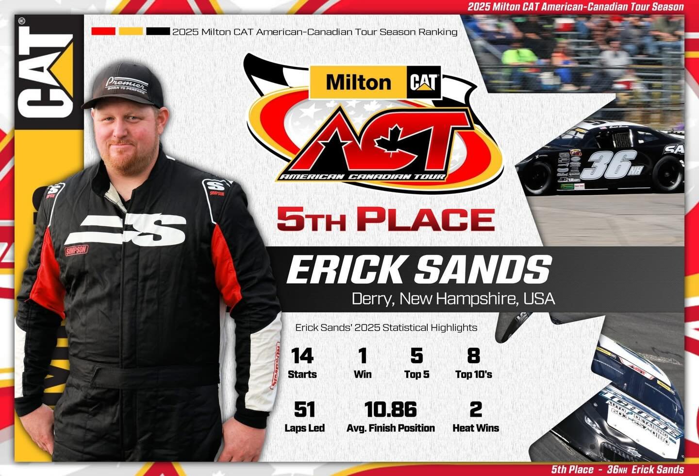 2025 @milton_cat American-Canadian Tour - 5th Place - 36NH Erick Sands

▪️Best Finish in 2025: 1st place - Haunted Hundred at @seekonkspeedway 

▪️Total Earnings in 2025: $22,970

Congratulations to Erick and the 36NH team on their incredible Top 5 p