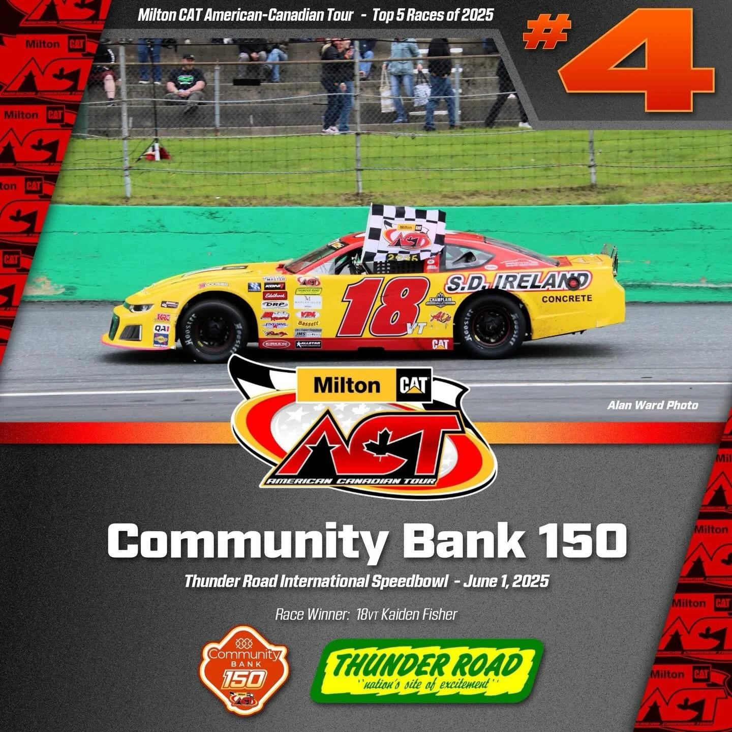 Top 5 @milton_cat American-Canadian Tour Races of 2025

No. 4

27th running of the Community Bank, N.A. 150 &ndash; Thunder Road International Speedbowl &ndash; June 1, 2025

Quick Stats:

▪️32 cars started - The event was originally scheduled a mont
