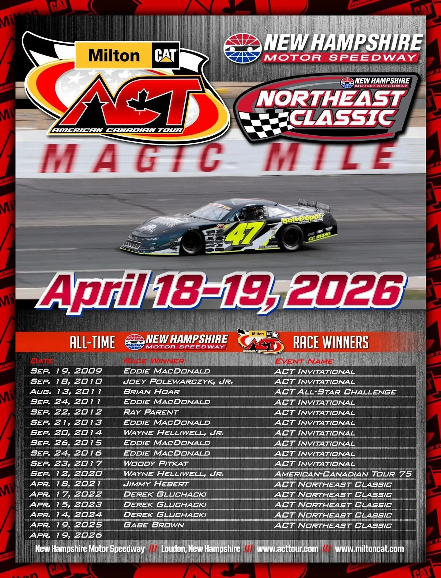 @milton_cat American-Canadian Tour 🤝 @nhms 

For over 15 years, the legendary Milton CAT American-Canadian Tour has been a constant on New England&rsquo;s biggest speedway, and that tradition continues the weekend of April 18th-19th, 2026 with the r