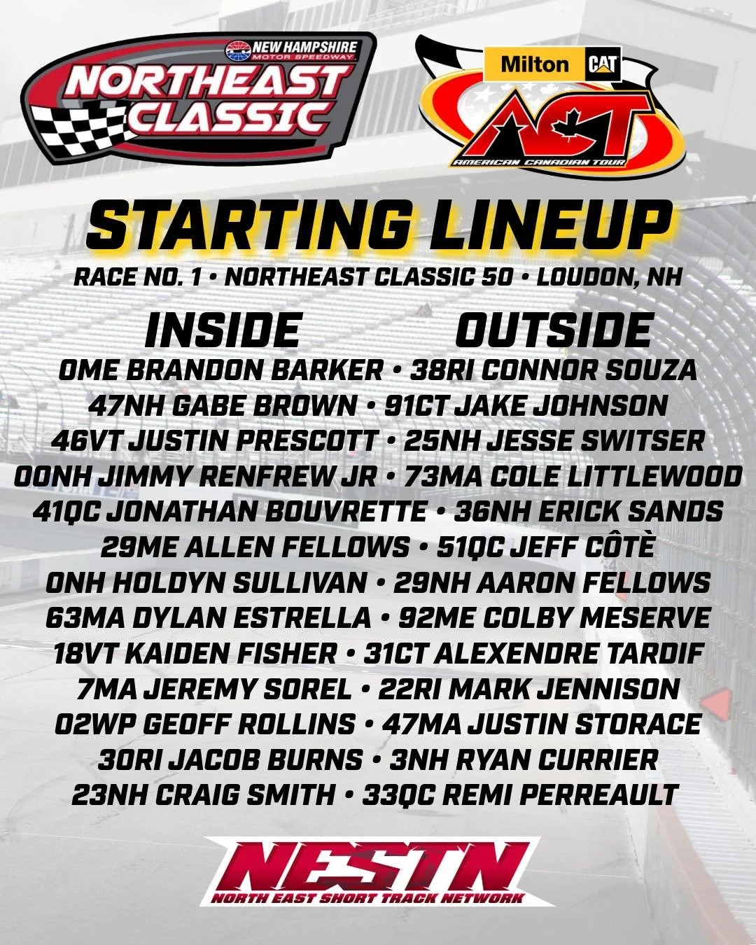 STARTING LINEUP

Brandon Barker and Connor Souza will lead the field to green for the season opening Northeast Classic at New Hampshire Motor Speedway 

WATCH LIVE: www.NESTN.tv

Milton CAT | North East Short Track Network