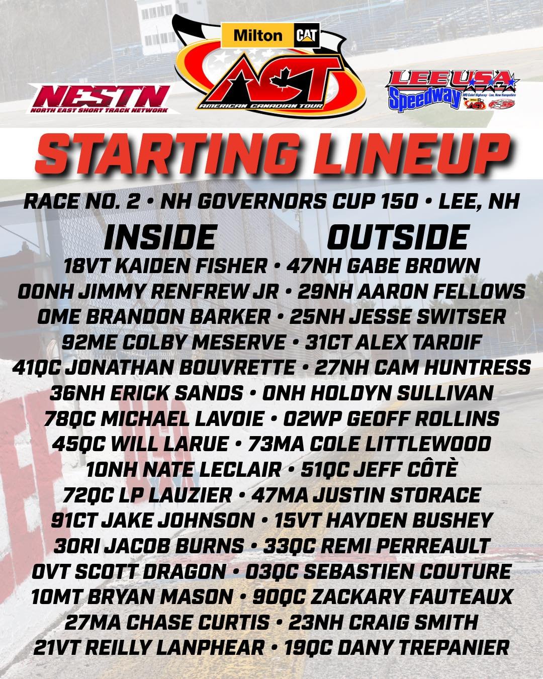 STARTING LINEUP 

Here&rsquo;s how the field will roll out for 150 laps at Lee USA Speedway

Who do you think will take home the Governor&rsquo;s Cup? 

WATCH LIVE: www.NESTN.tv