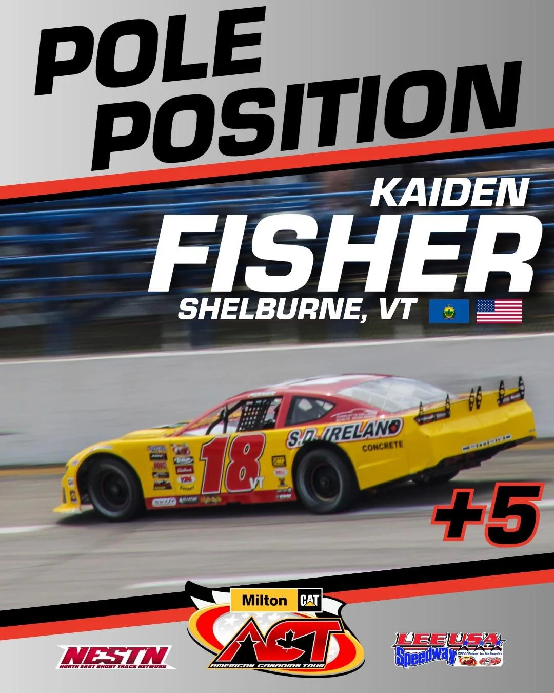 Kaiden Fisher wins the pole for the NH Governor&rsquo;s Cup 150 at Lee USA Speedway! 

Fisher drove from 6th to the win in Heat 2, earning a +5 and the pole for today&rsquo;s 150 lap showdown. 

Milton CAT | North East Short Track Network