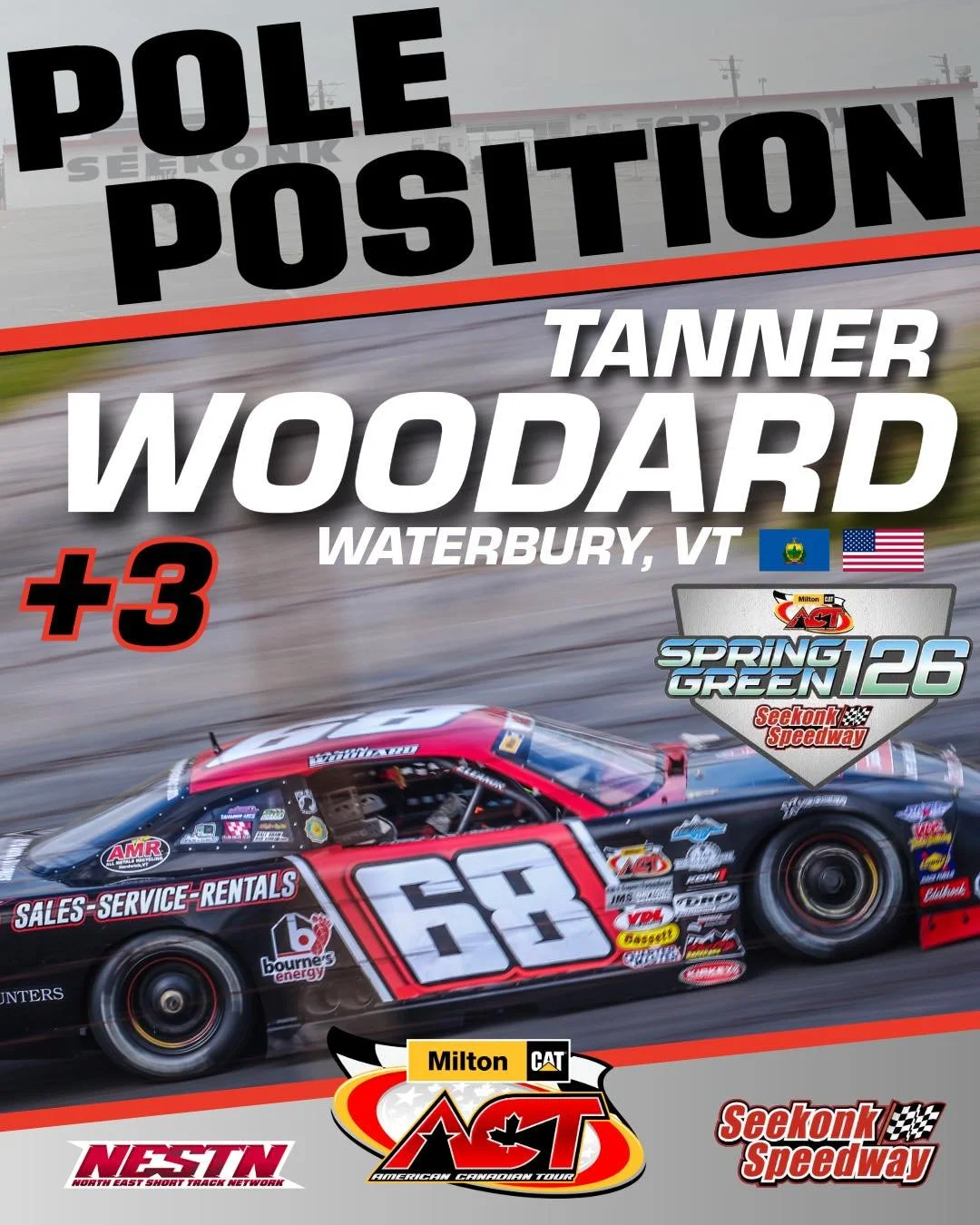 Waterbury, VT&rsquo;s Tanner Woodard will lead the field to green at Seekonk for the Spring Green 126! 

Woodard bested the field with an 8th to 5th run in Heat 2 to earn a +3 

Watch LIVE: www.nestn.tv

Milton CAT | North East Short Track Network