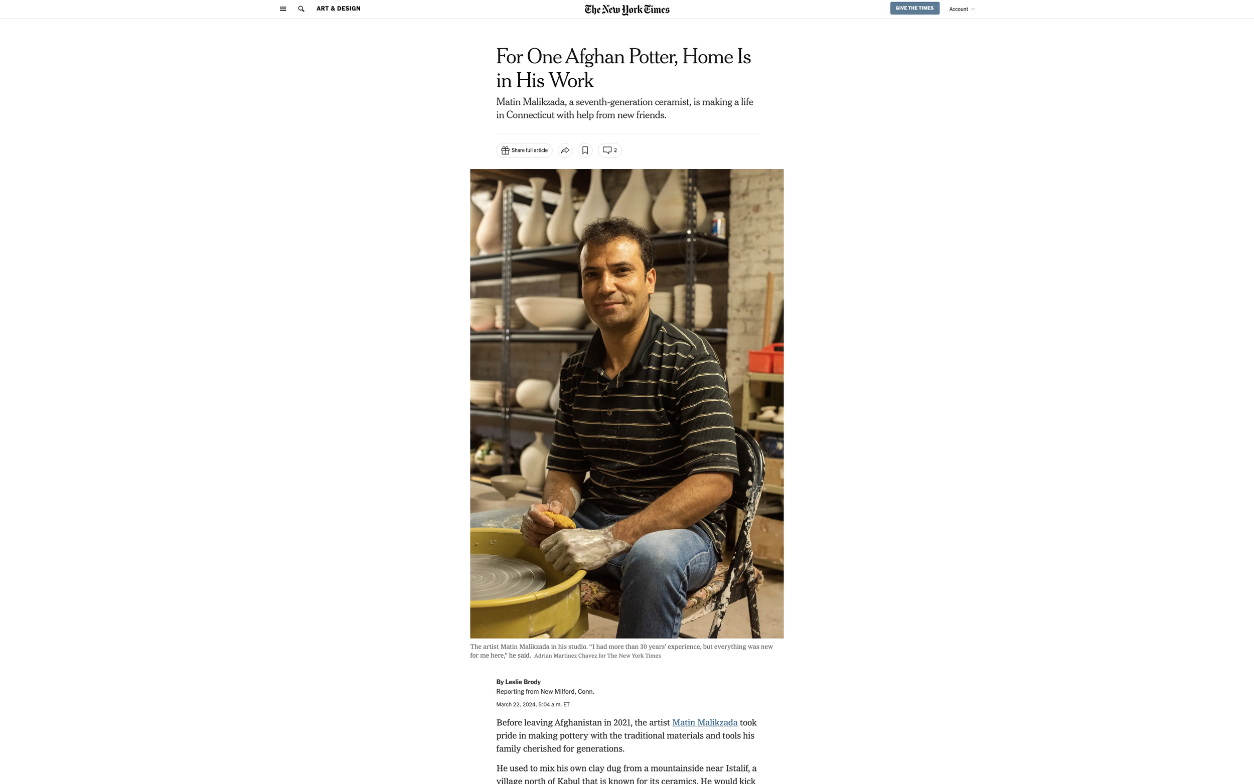  For One Afghan Potter, Home Is in His Work, The New York Times, March 2024 