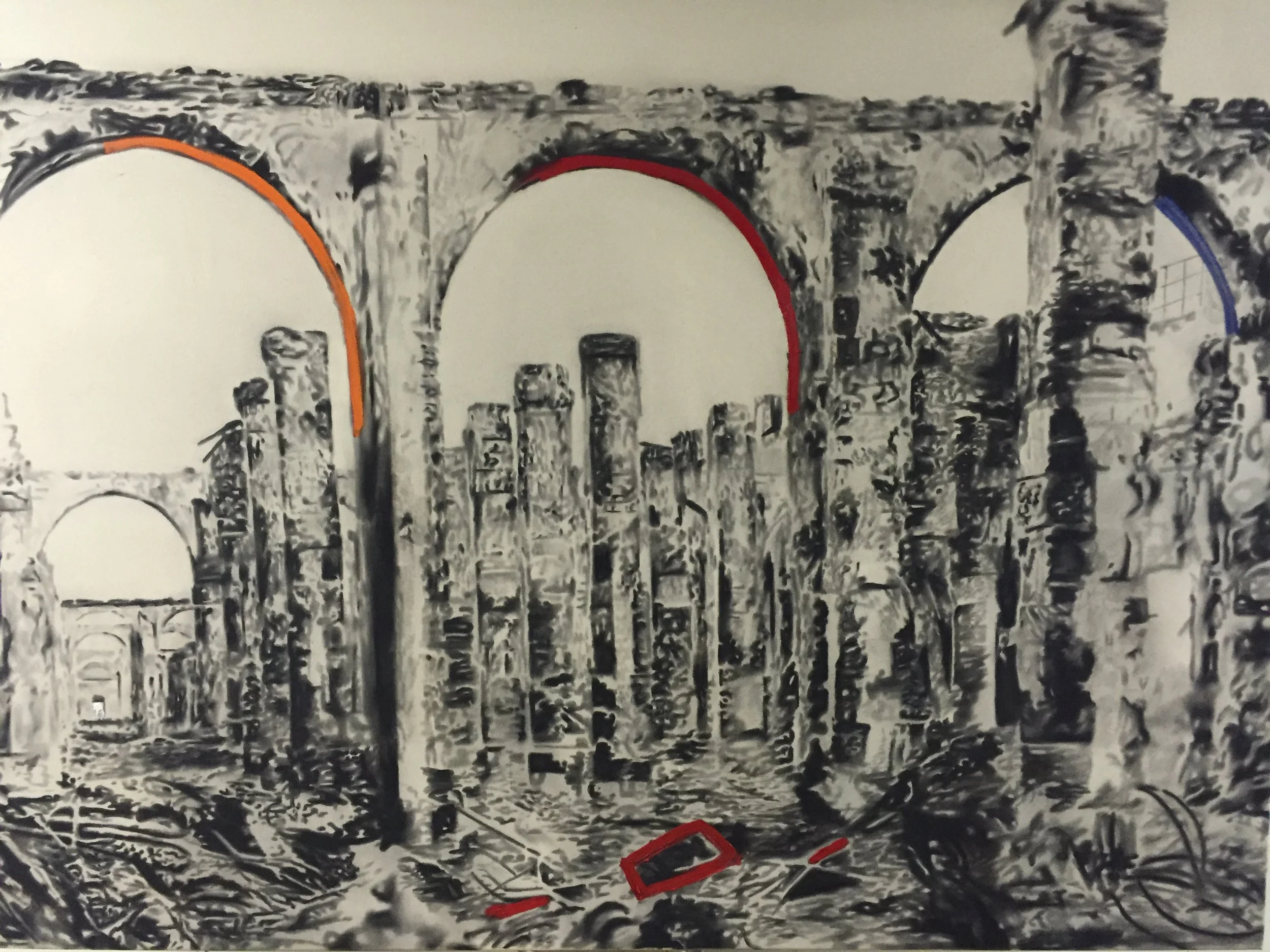 Ruines 3 Arches, 2010. Huile et fusain sur toile. 60 x 84 pouces. 