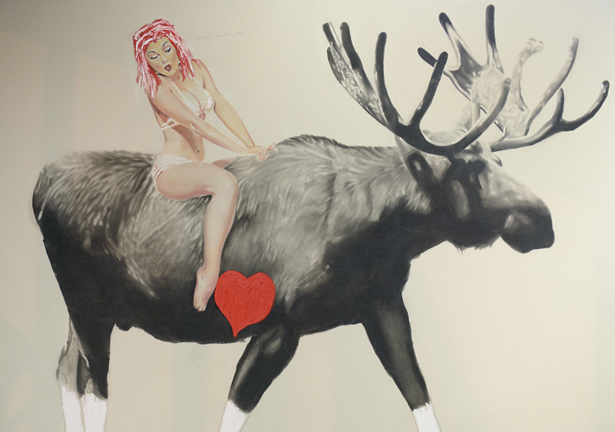   Moose + Pin-Up , 2015. Huile et fusain sur toile.&nbsp; 