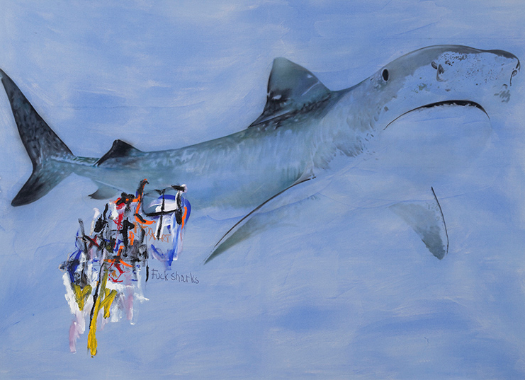Fuck Sharks, 2014. Huile et fusain, 78 x 108 pouces. 