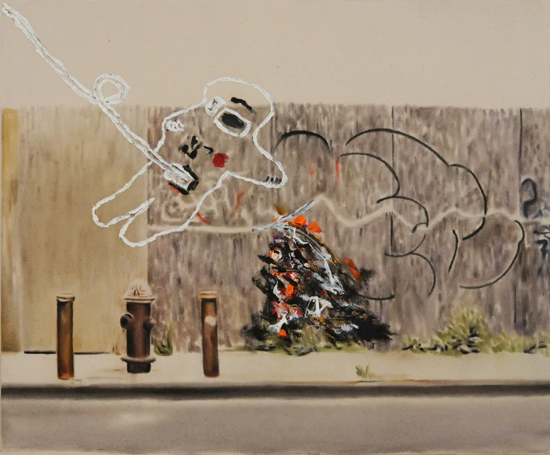 Urban landscape with astronaut (fire hydrant) , 2014. Huile et fusain sur toile, 51 x 61 cm. 