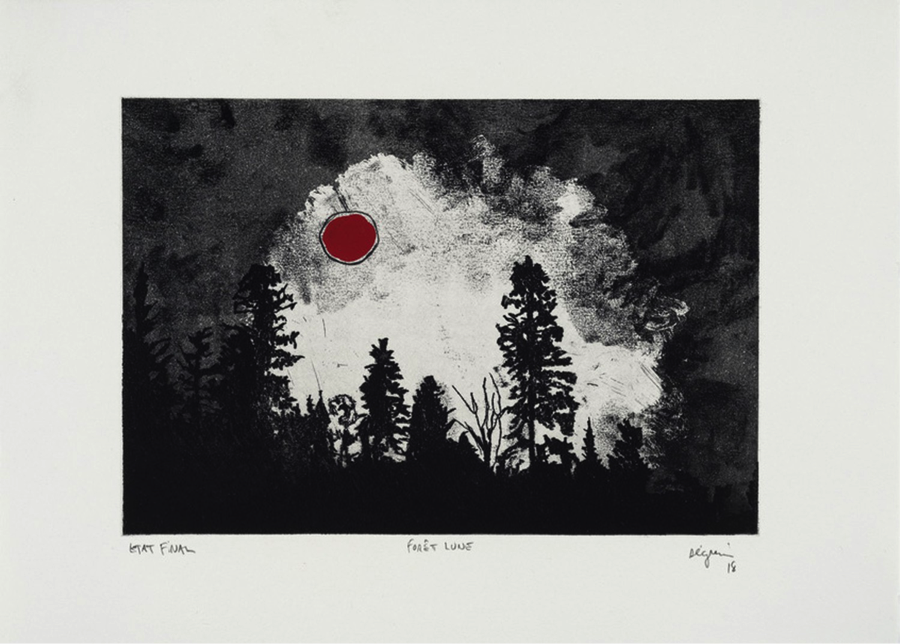   Forêt Lune,  2018 .  Eau-Forte et graphite sur papier.   11 x 15.5 pouces. 
