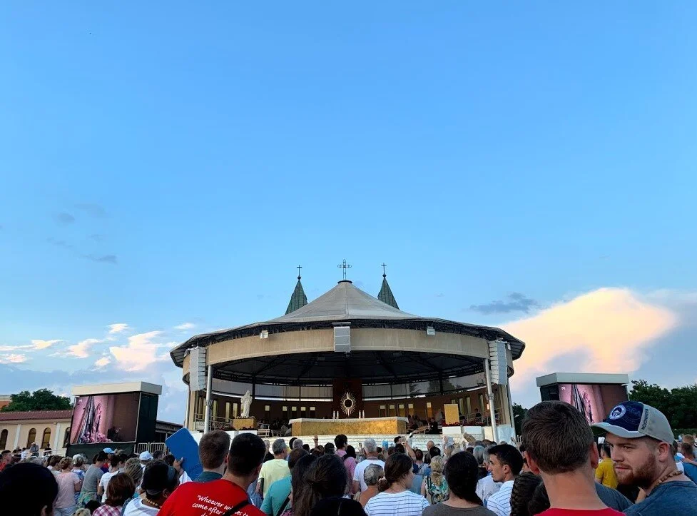 The altar in Medjugorje with an empty monstrance atop waiting for Jesus to come.