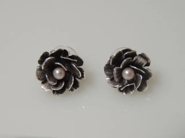 Oxidized Sterling Silver Rose Flower with Freshwater Pearl Post Earrings