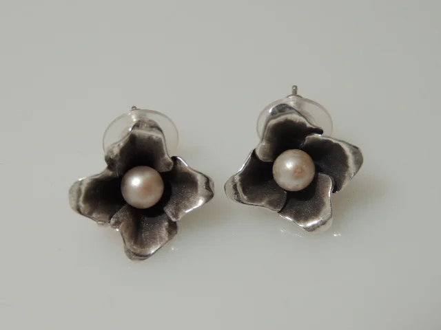 Oxidized Sterling Silver Flower with Freshwater Pearl Post Earrings