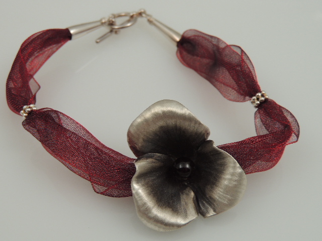 Oxidized Oxidized Sterling Silver Flower Bracelet with Red Ribbon 