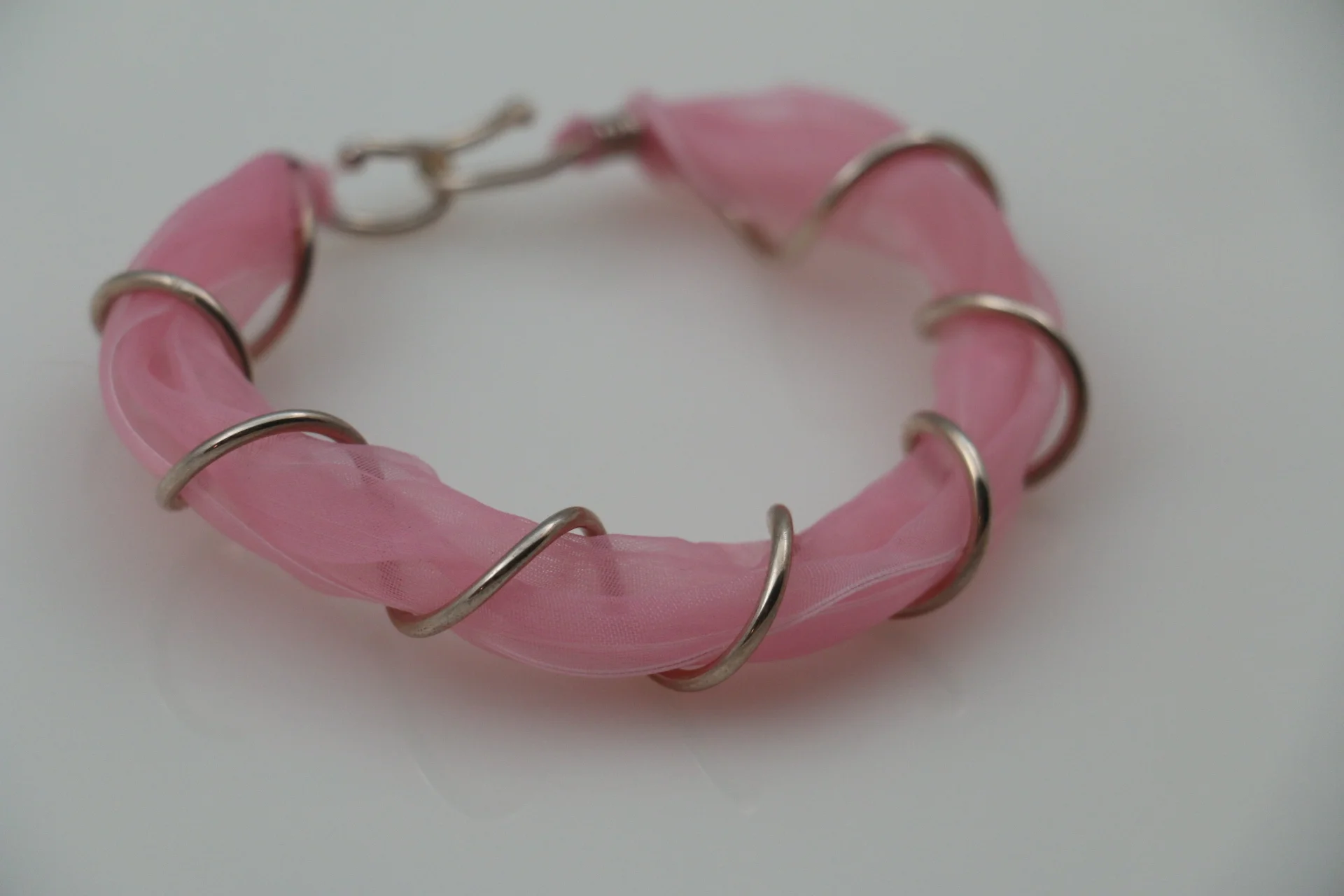 Sterling Silver Spiral Wire Bracelet with Pink Ribbon