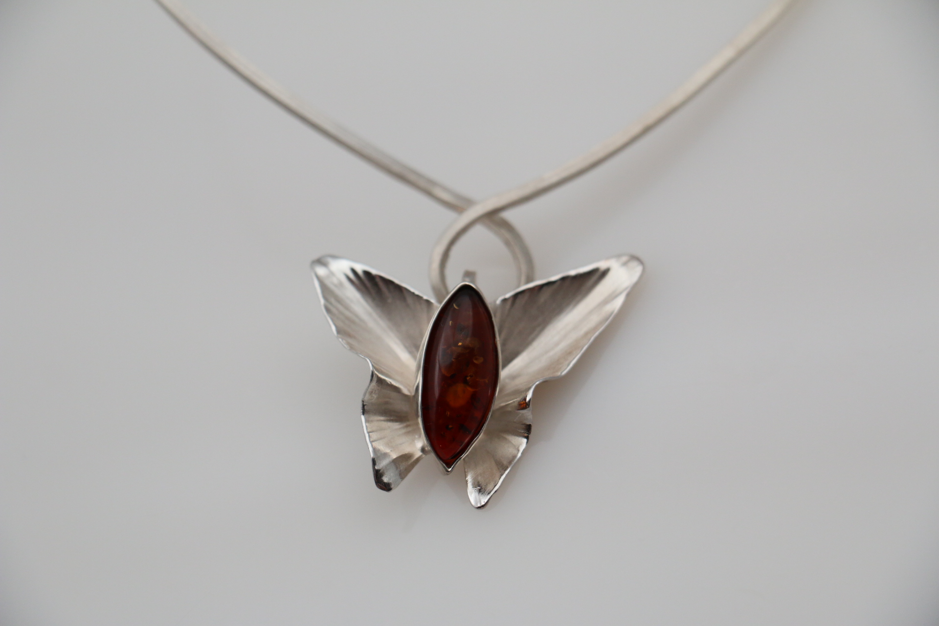 Sterling Silver Butterfly Flower Wire Hook Necklace with Polish Amber