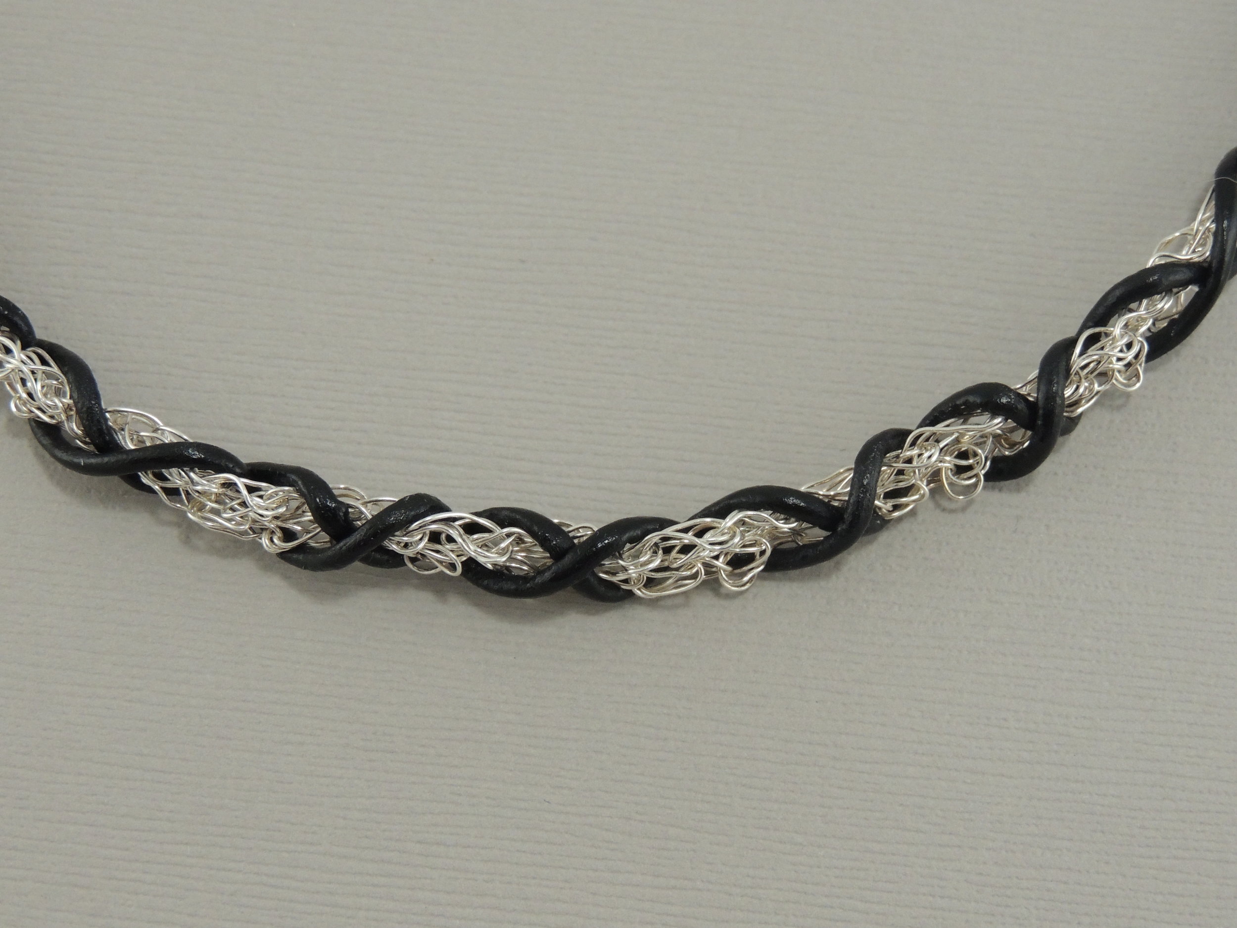 Fine Silver Crochet Choker Necklace with Black Leather Chord 