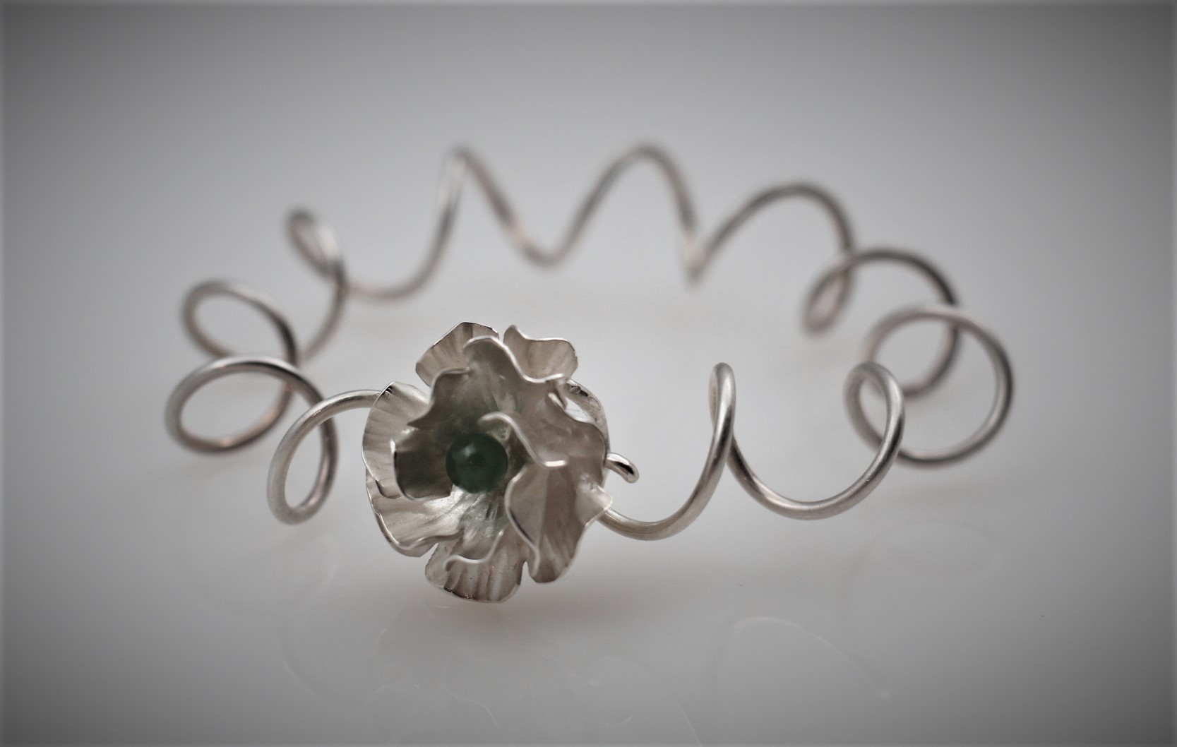 Sterling silver spiral rose flower bracelet with jade 