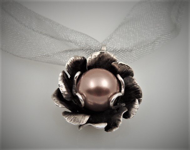 Oxidized sterling silver pendant with glass pearl 