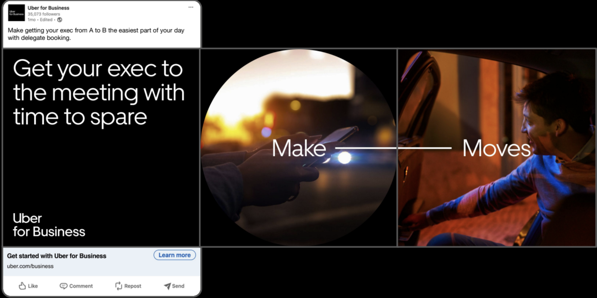  Social posts create a sense of moving from point A to B by incorporating Uber’s “journey line” design element across frames 