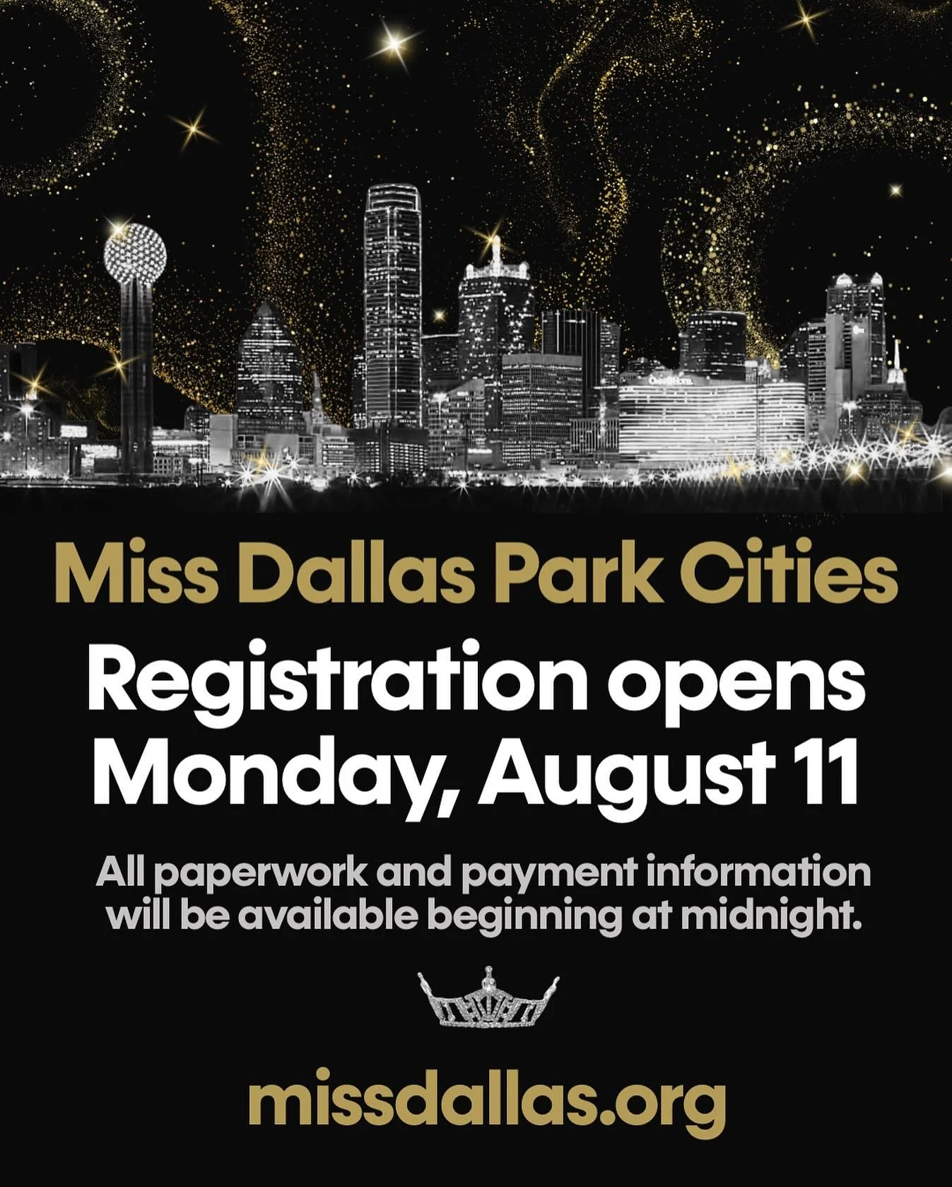 Set your alarms! ⏰ We go live in 8 hours and we hope to see you in our inbox very soon! Sign up for the 2026 Miss and Teen Dallas Park Cities Competition starting at midnight, August 11 at missdallas.org or the link in our bio. Get ready to get iconi