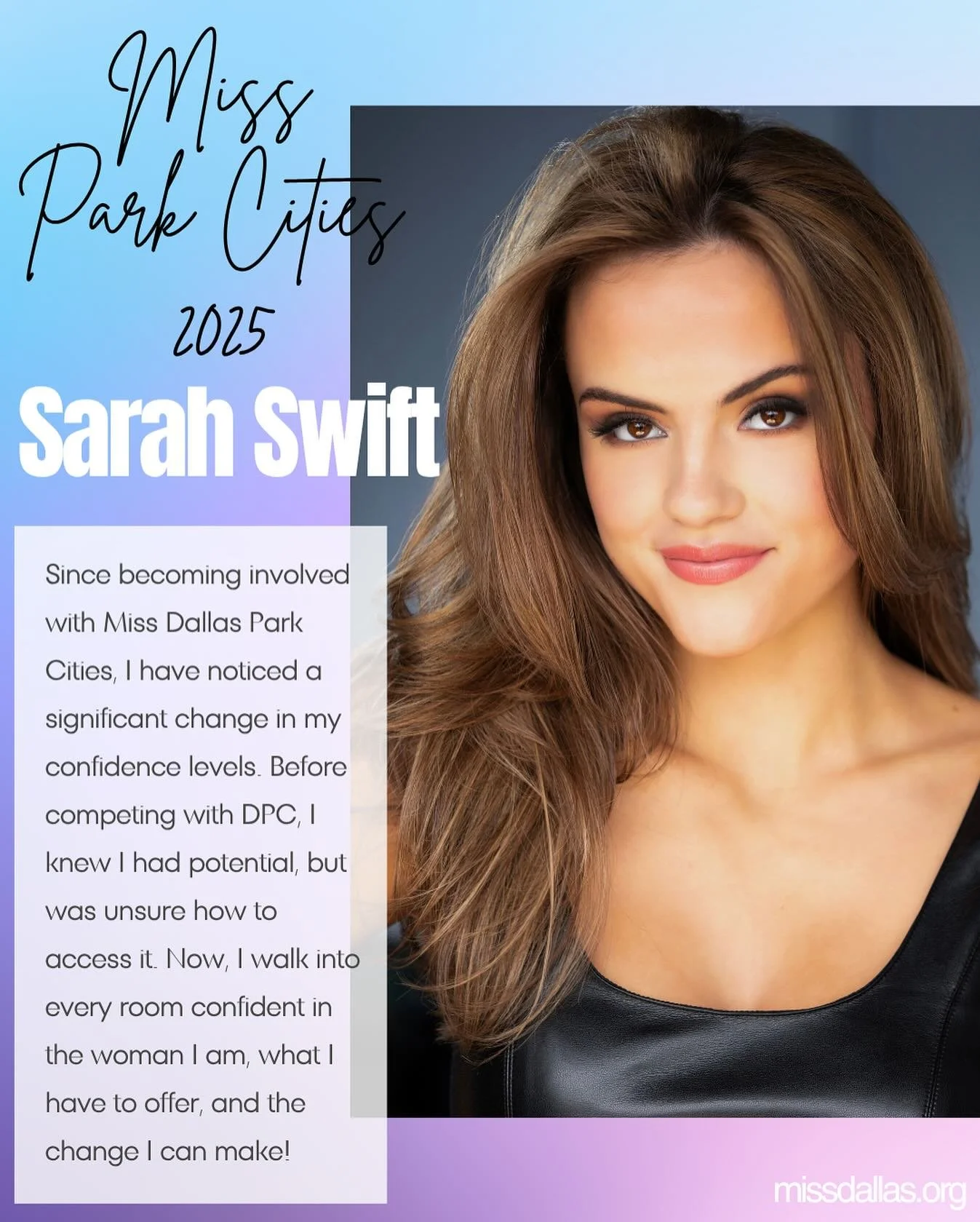 Ready to level up your game? We want to help you unlock your full potential and help you be confident in any room just like Sarah Swift, our current Miss Park Cities. She earned a spot in the Top Five this year at Miss Texas and we are forever proud 