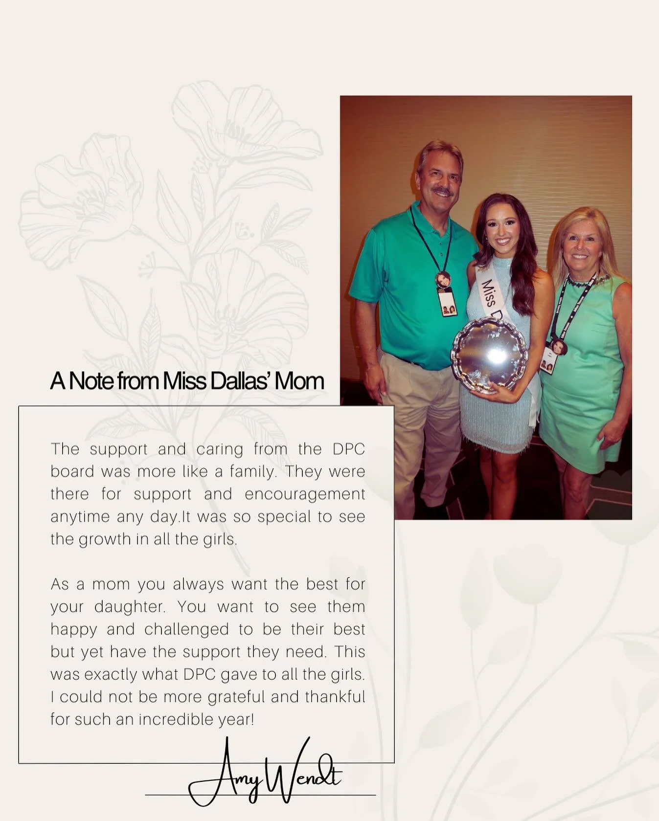 We know family and friends are often a part of the journey too! We asked our titleholders&rsquo; families about their year with DPC. Here&rsquo;s what Amy had to say about the support her daughter received this year. If you are looking for an org whe