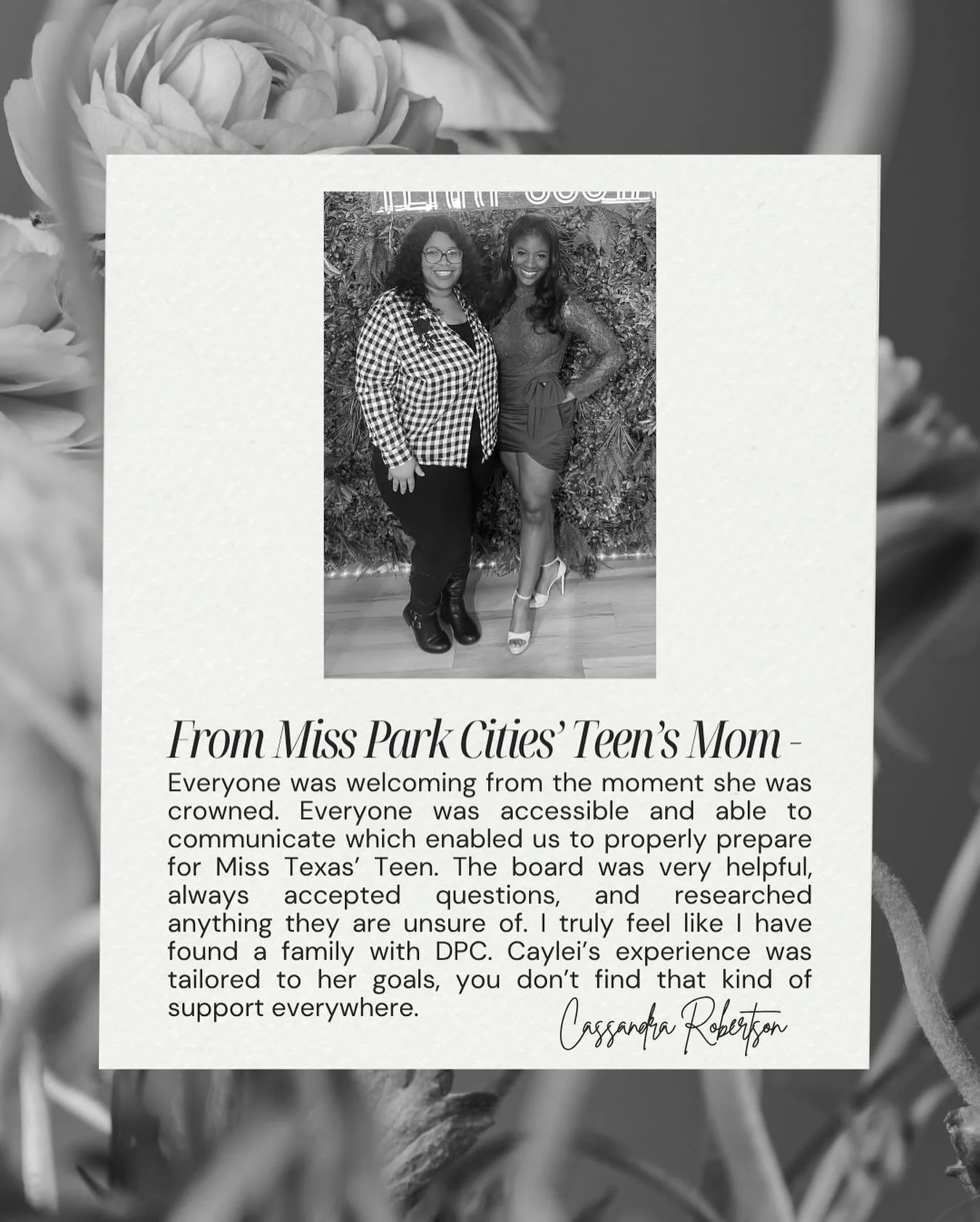 Welcoming. Accessible. Family. Cassandra, mother of our Miss Park Cities&rsquo; Teen, spoke to the care and attention they received during their year with DPC. This customized experience helped Caylei achieve her goals in a supportive and welcoming e