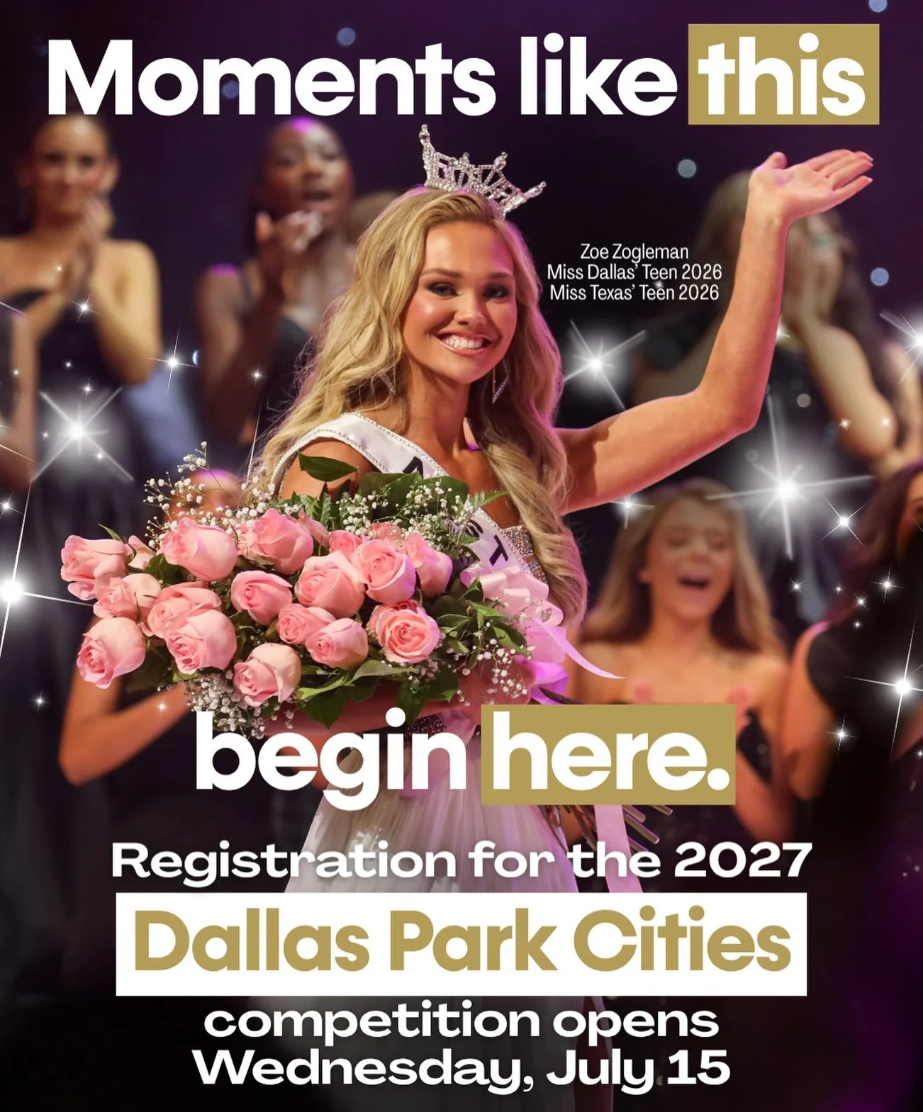 Are you ready for your moment is the spotlight? Register to compete for one of four titles at the 2027 Miss Dallas Park Cities competition starting July 15th. Visit missdallas.org for more information! #MissTexas